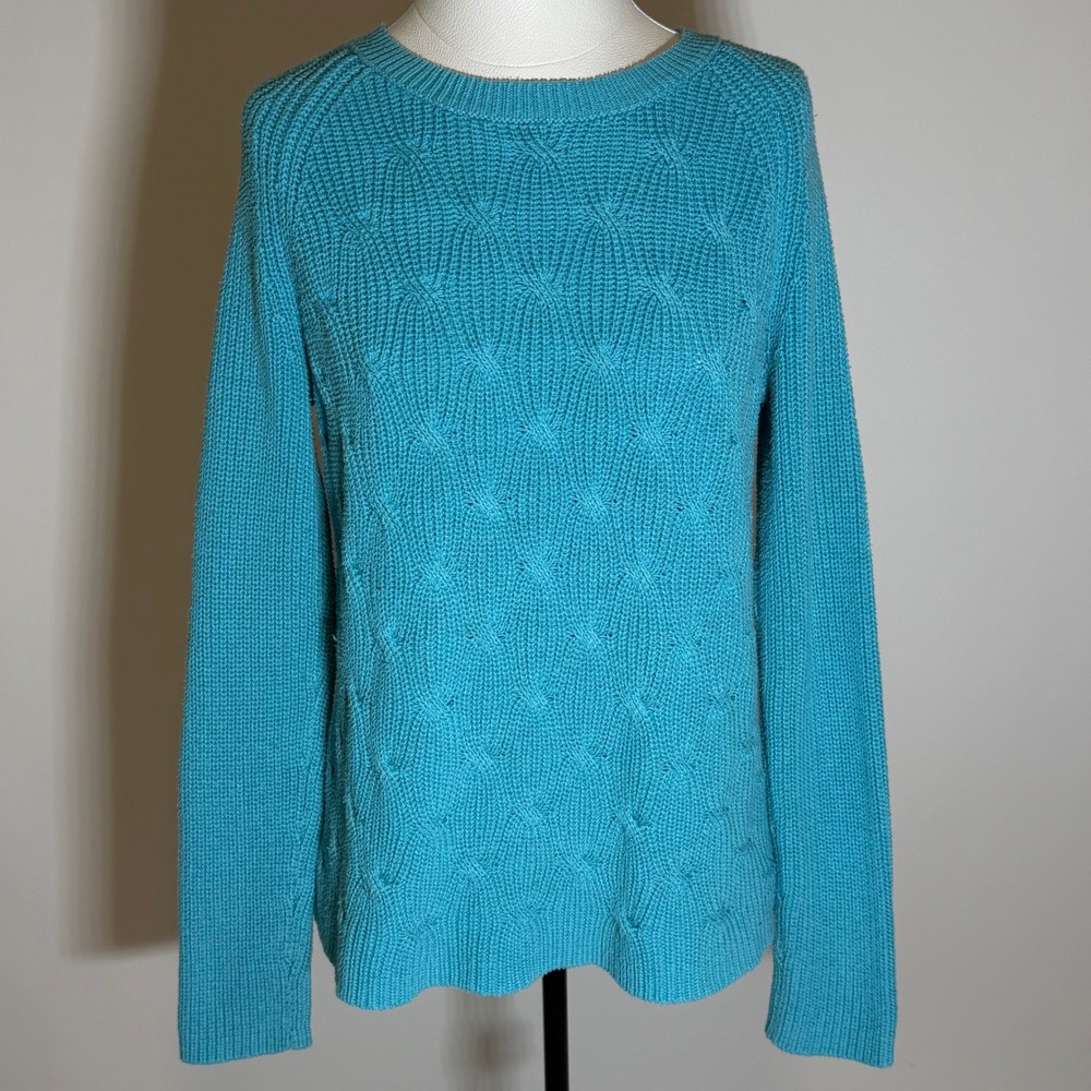 Liz Claiborne Blue Cable Knit Chunky Sweater Womens Size Large Cotton Blend Cozy
